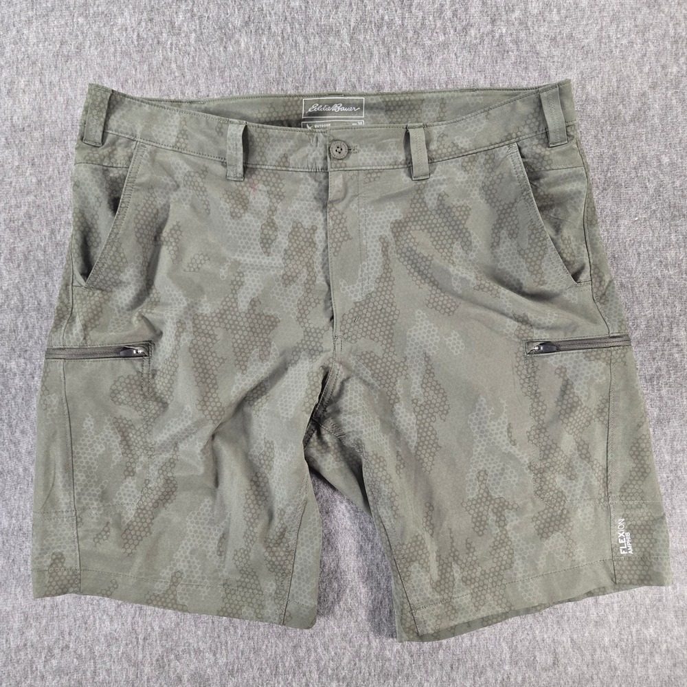 Eddie Bauer Mens Flexion Amphib Shorts Size 38 Green Camo Outdoor Hiking Pockets